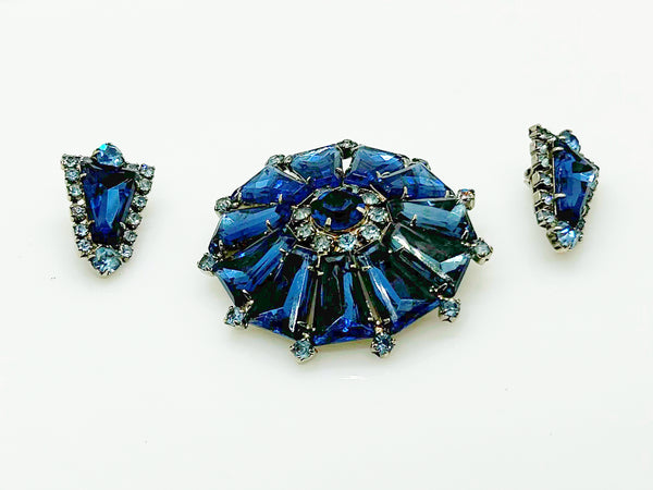 Vintage Rich Blue Round Trapezoid Rhinestone Brooch and Earrings Set