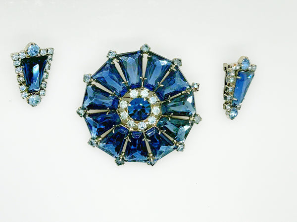 Vintage Rich Blue Round Trapezoid Rhinestone Brooch and Earrings Set