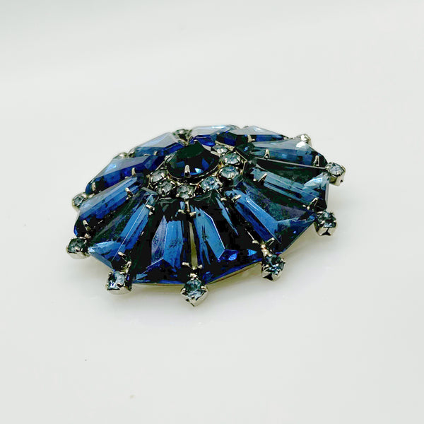 Vintage Rich Blue Round Trapezoid Rhinestone Brooch and Earrings Set