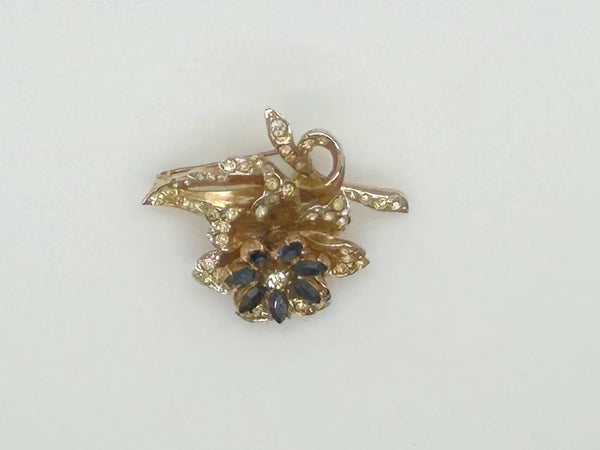 Vintage Trembler Floral Pin with Blue and White Rhinestones