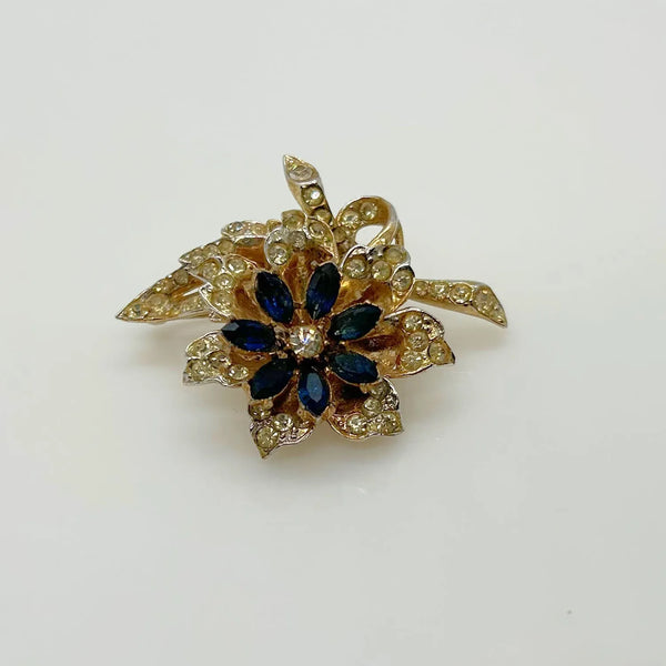 Vintage Trembler Floral Pin with Blue and White Rhinestones