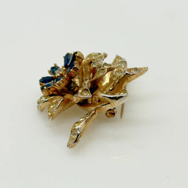 Vintage Trembler Floral Pin with Blue and White Rhinestones