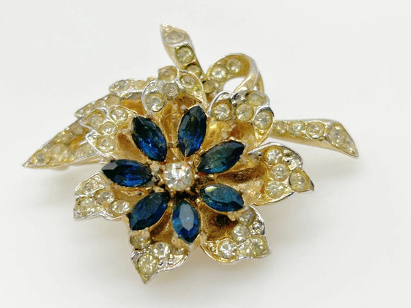 Vintage Trembler Floral Pin with Blue and White Rhinestones