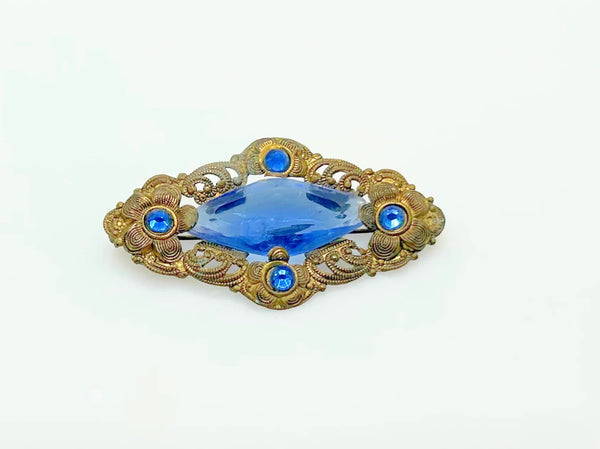 Vintage Filigree 1800s Victorian Brooch Pin with Blue Stones
