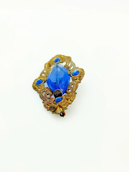 Vintage Filigree 1800s Victorian Brooch Pin with Blue Stones
