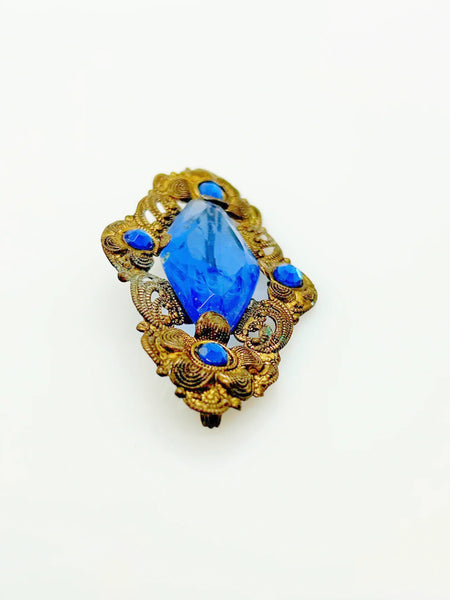 Vintage Filigree 1800s Victorian Brooch Pin with Blue Stones