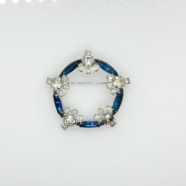 Vintage Deco Blue & Clear Rhinestone Circle Brooch