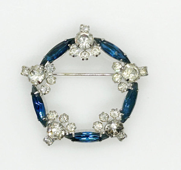 Vintage Deco Blue & Clear Rhinestone Circle Brooch