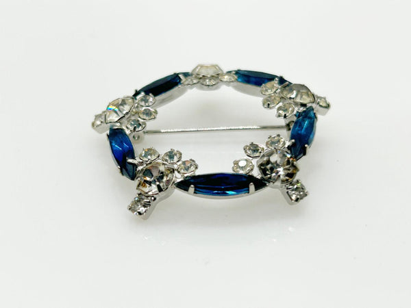 Vintage Deco Blue & Clear Rhinestone Circle Brooch