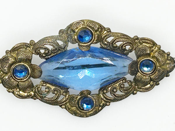 Vintage Filigree Victorian Brooch with Blue Stones