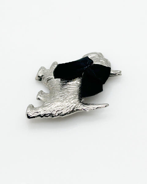 Dapper Terrier Dog Vintage Brooch with Black Bow