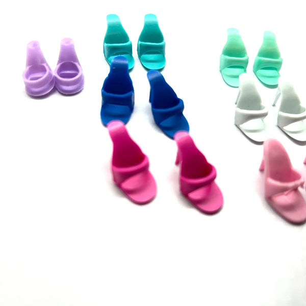 Vintage Barbie doll open toe mule heels shoes replacement lot of 7 matching pairs in multi-color pastel and bright shades for 11.5 inch fashion dolls.
