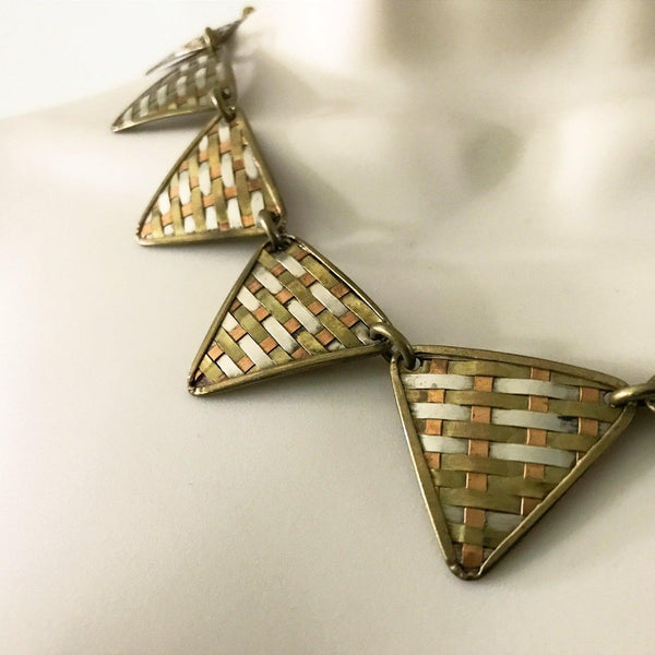 Bold Tri-Tone Indian Geometric Metal Necklace - Lamoree’s Vintage