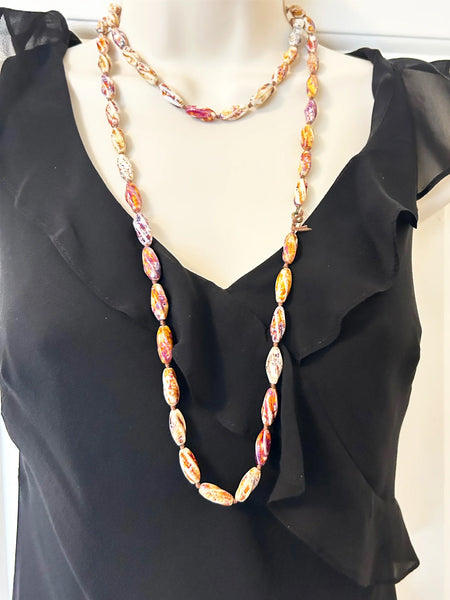 Striking 48" Brown, Purple and White Glass Beads Long Necklace