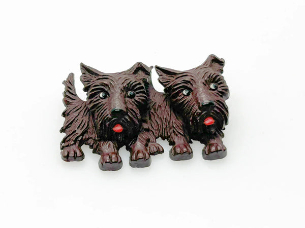 Vintage Czech Chocolate Brown Celluloid Scottie Dogs Brooch