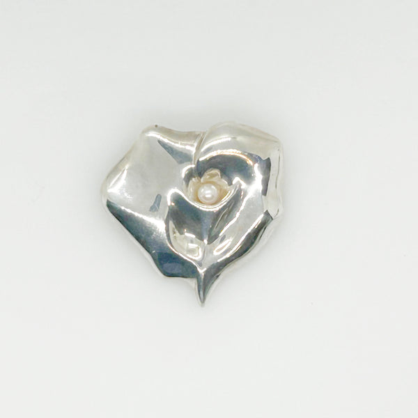 Silver Rose and Pearl Heart Pin