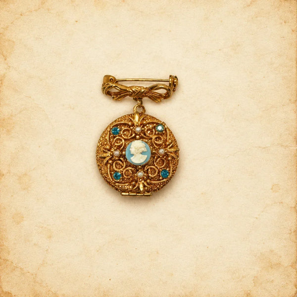 Vintage Victorian Revival gold filigree cameo locket brooch pin with faux pearls and blue glass cabochons
