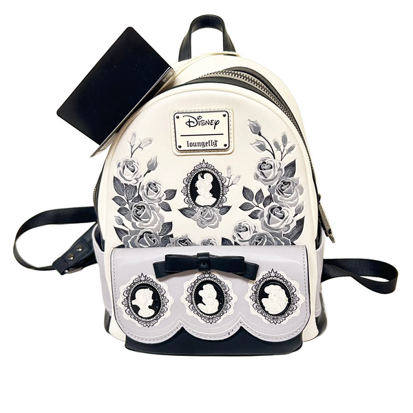 Loungefly Disney Princess Cameo Portraits Mini Backpack—a stunning 2024 release that celebrates timeless elegance! This cream vegan leather beauty showcases exquisite silhouette portraits of your favorite Disney Princesses in sophisticated black and white.