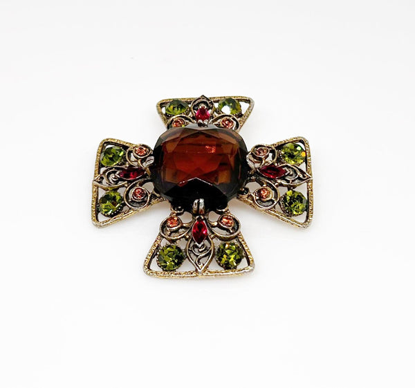 Smoked Brown, Olivine Green and Red Capri Cross Brooch