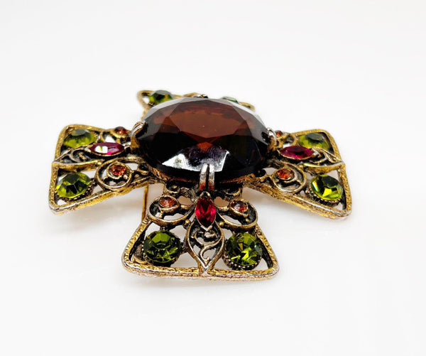 Smoked Brown, Olivine Green and Red Capri Cross Brooch