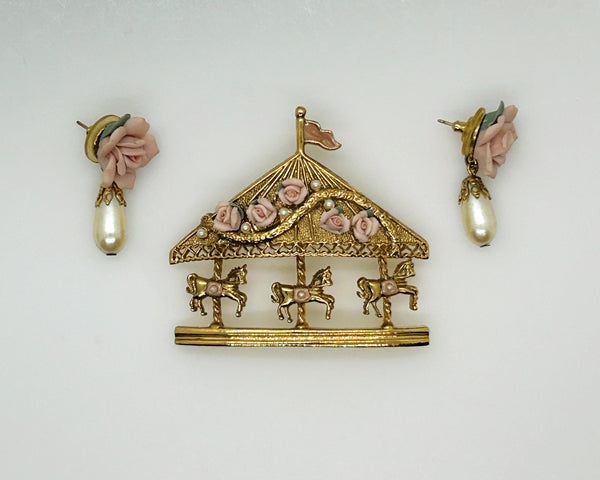 Vintage Denton Bone China Carousel Brooch and Earrings