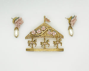 Vintage Denton Bone China Carousel Brooch and Earrings