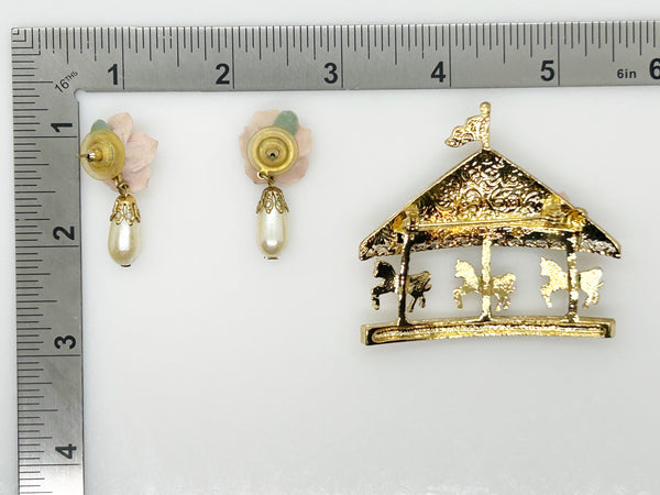 Vintage Denton Bone China Carousel Brooch and Earrings