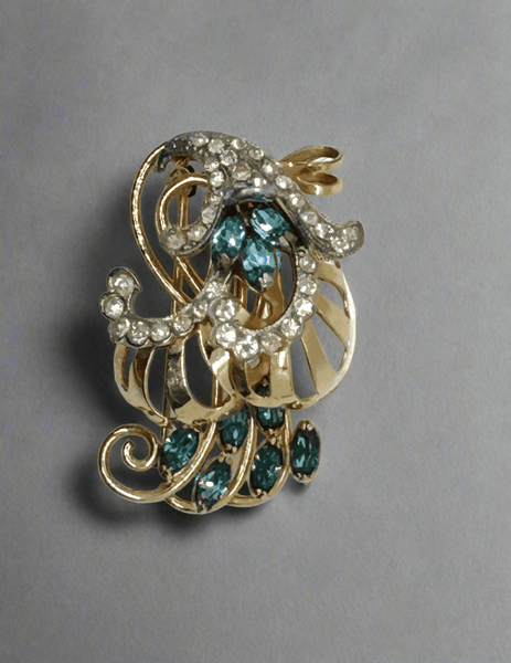 Charles Reis Vintage 12k Gold Filled Brooch Pin with Clear and Blue Rhinestones - Lamoree’s Vintage