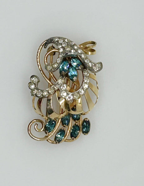 Charles Reis Vintage 12k Gold Filled Brooch Pin with Clear and Blue Rhinestones - Lamoree’s Vintage