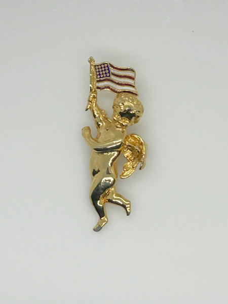 Vintage Cherub Angel with American Flag Brooch