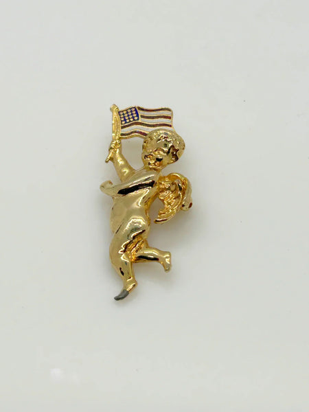Vintage Cherub Angel with American Flag Brooch