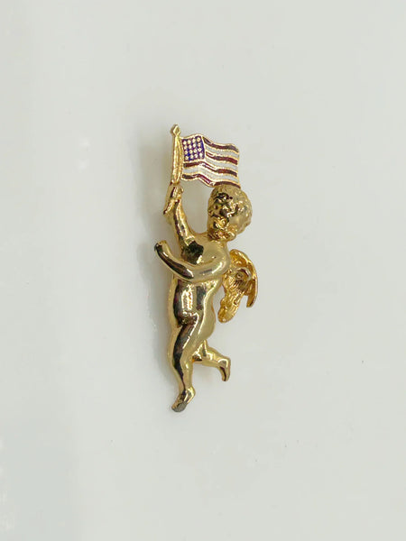 Vintage Cherub Angel with American Flag Brooch