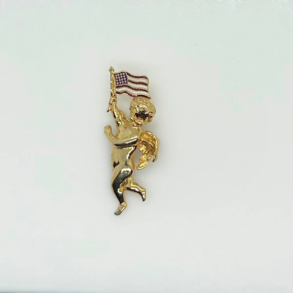 Vintage Cherub Angel with American Flag Brooch