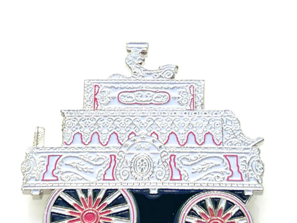 Check out this vintage enamel lapel pin! It's got the C.P. Huntington steam locomotive on it. The silver-toned metal has red, pink, white, and black enamel accents, and shows the date "JULY 11, 1999"