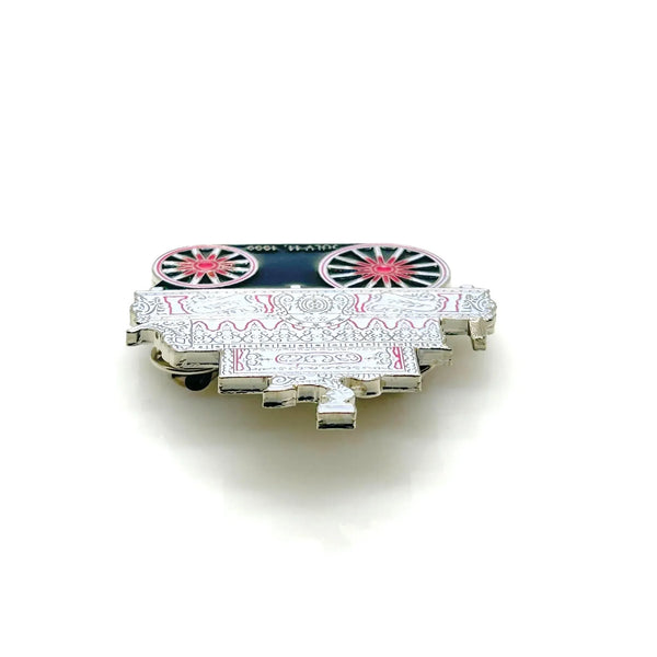 Check out this vintage enamel lapel pin! It's got the C.P. Huntington steam locomotive on it. The silver-toned metal has red, pink, white, and black enamel accents, and shows the date "JULY 11, 1999"