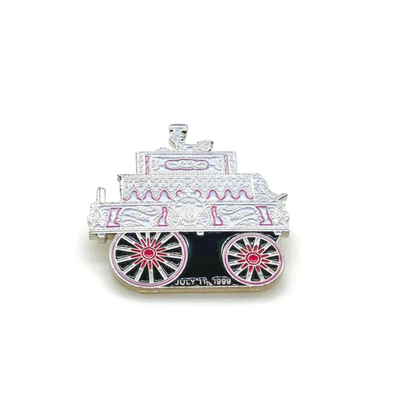 Check out this vintage enamel lapel pin! It's got the C.P. Huntington steam locomotive on it. The silver-toned metal has red, pink, white, and black enamel accents, and shows the date "JULY 11, 1999"