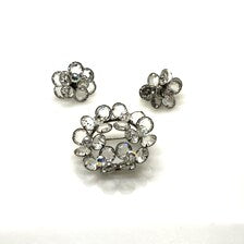 Mid-Century Clear Crystal Cluster Wreath Pin & Matching Clip Earrings Set