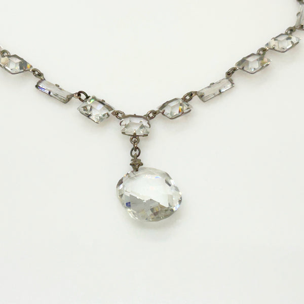 Antique Clear Crystal Sparkling Sterling Necklace with Glittering Drop