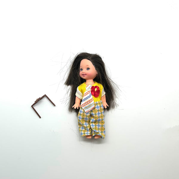 Loose vintage Mattel Kelly Club Clown Belinda doll (2000 release) from Barbie's Li'l Friends line, dressed in a colorful clown outfit against a white backdrop, missing original shoes, with comical glasses. 