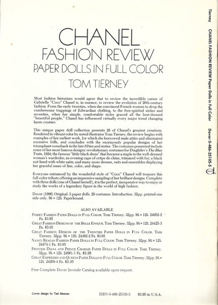 Advertisement for Chanel Fashion Review paper dolls featuring text and branding.