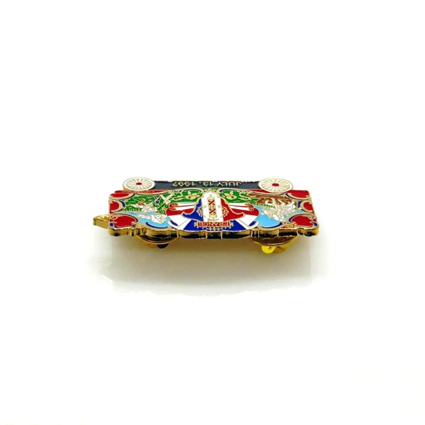 What a delightful piece of circus history! This charming vintage enamel lapel pin celebrates the France Bandwagon from the beloved Circus World Museum in Wisconsin, captured on July 13, 1997.