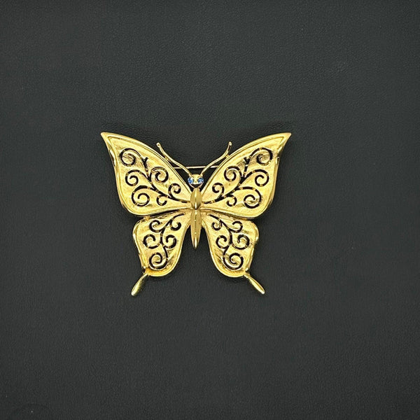 Crown Trifari Gold Tone Filigree Butterfly Brooch with Blue Eyes - Lamoree’s Vintage