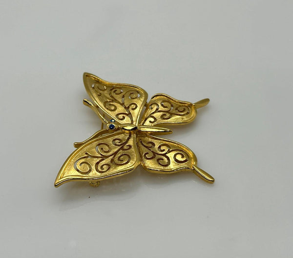 Crown Trifari Gold Tone Filigree Butterfly Brooch with Blue Eyes - Lamoree’s Vintage