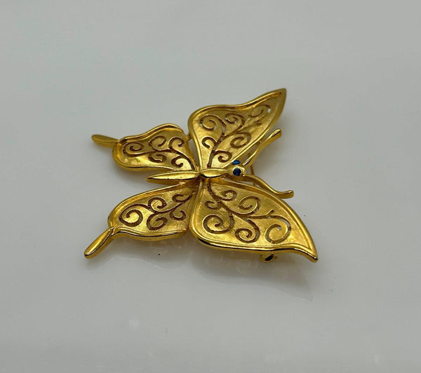 Crown Trifari Gold Tone Filigree Butterfly Brooch with Blue Eyes - Lamoree’s Vintage