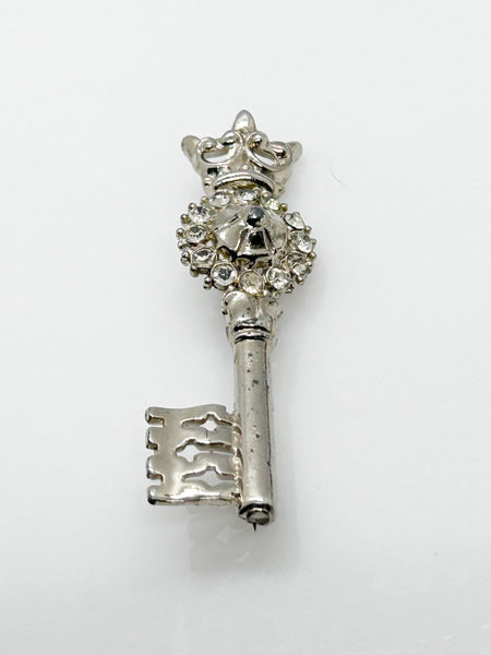 Regal Vintage Rhinestone Crowned Key Brooch