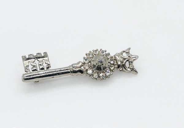 Regal Vintage Rhinestone Crowned Key Brooch