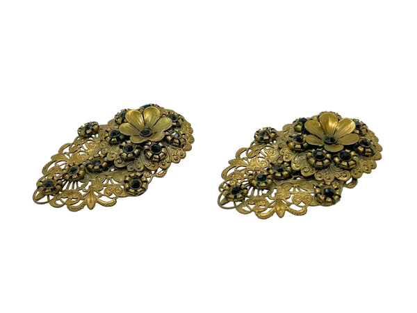 Antique Victorian Elaborate Dress Clips with Filigree and Black Stones