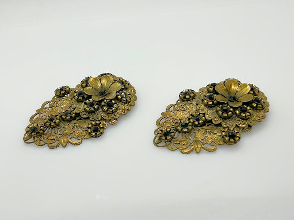 Antique Victorian Elaborate Dress Clips with Filigree and Black Stones