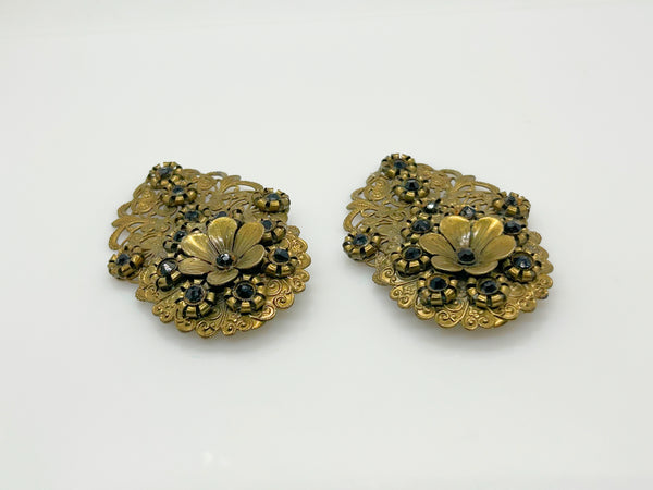 Antique Victorian Elaborate Dress Clips with Filigree and Black Stones