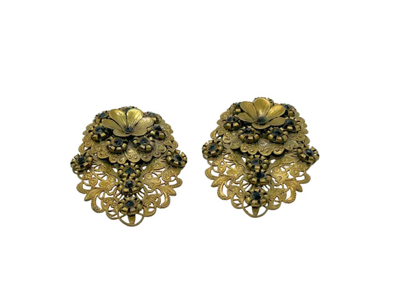 Antique Victorian Elaborate Dress Clips with Filigree and Black Stones